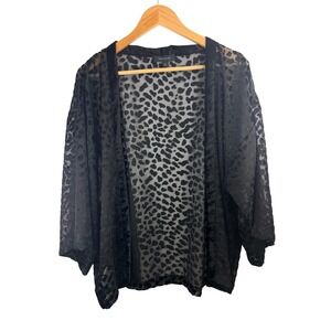 Ann Taylor Black Velvet Burnout Leopard Print Kimono Cardigan Sz M/L Flowy Chic